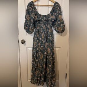 Free People Floral Long Sleeve Dress in Teal and Pink oasis midi